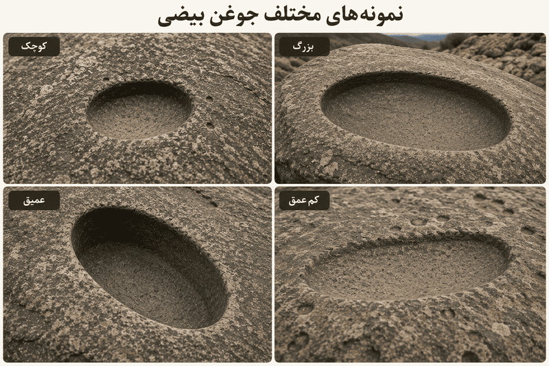 نمونه‌های مختلف جوغن بیضی شامل کوچک، بزرگ، عمیق و کم‌عمق