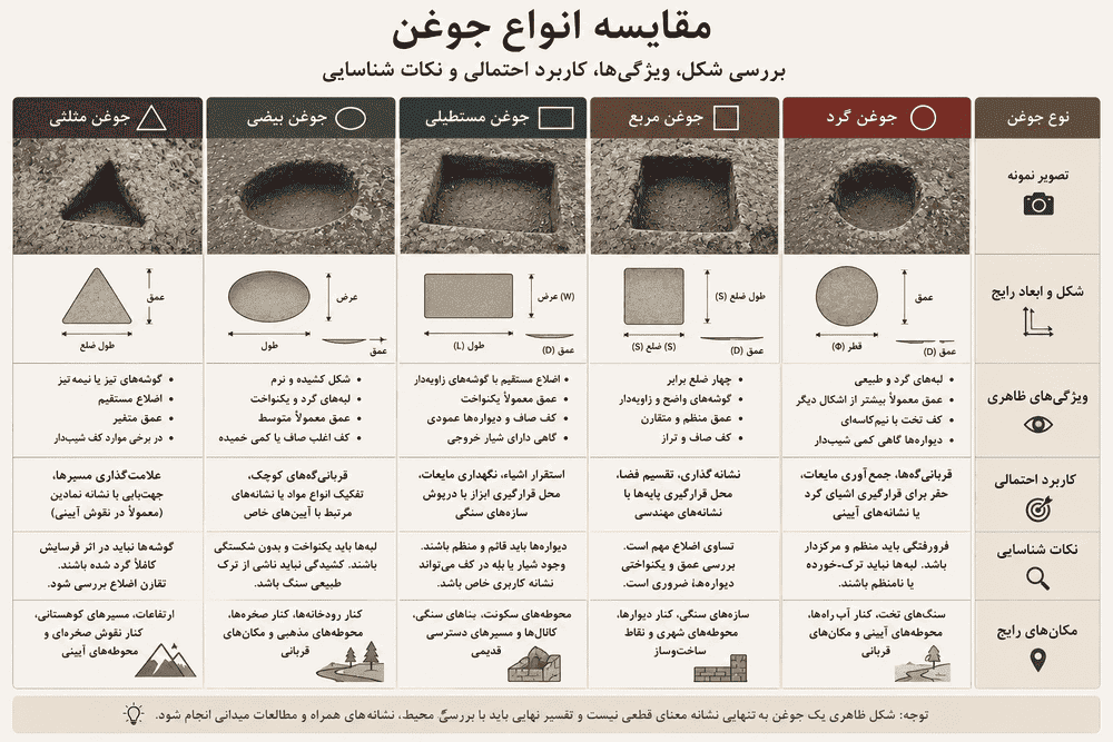 مقایسه انواع جوغن شامل گرد، مربع، مستطیلی، بیضی و مثلثی