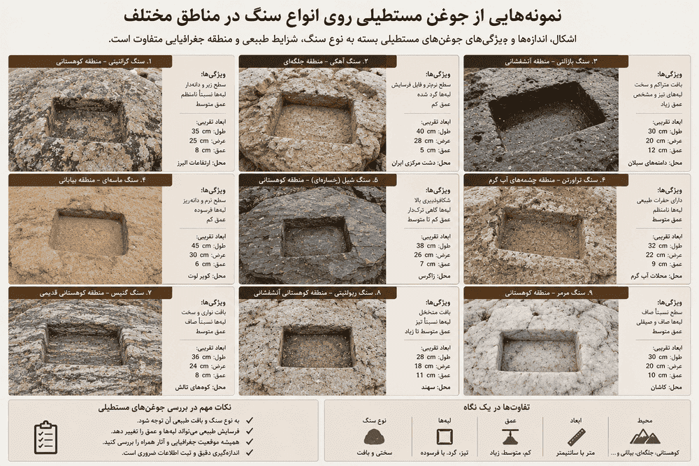 نمونه‌هایی از جوغن مستطیلی روی انواع سنگ در مناطق مختلف