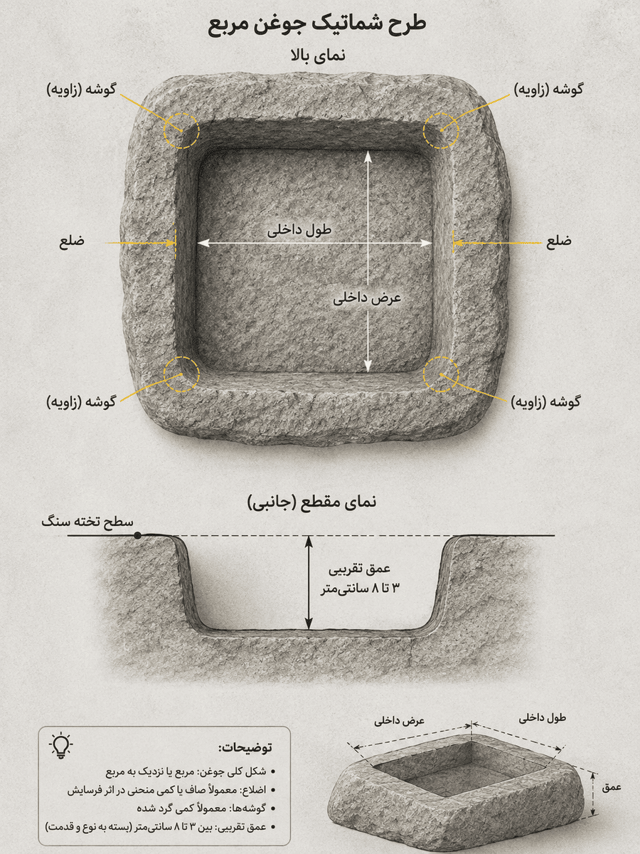 طرح شماتیک جوغن مربع و نمایش اضلاع، گوشه‌ها و عمق تقریبی آن