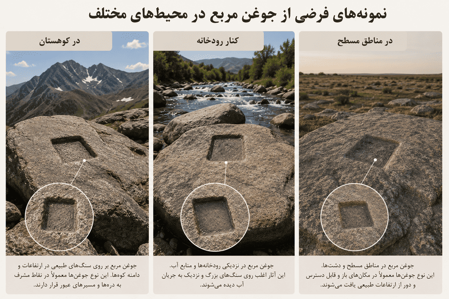 نمونه‌های فرضی از جوغن مربع در کوهستان، کنار رودخانه و مناطق مسطح